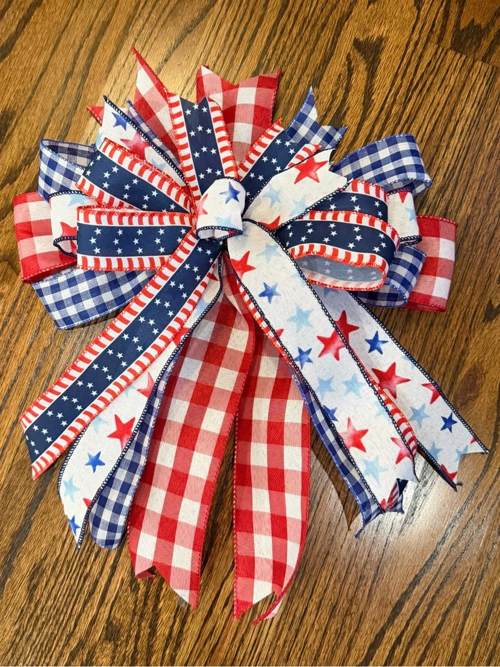 Patriotic Red, White & Blue Check and Star Wreath Bow